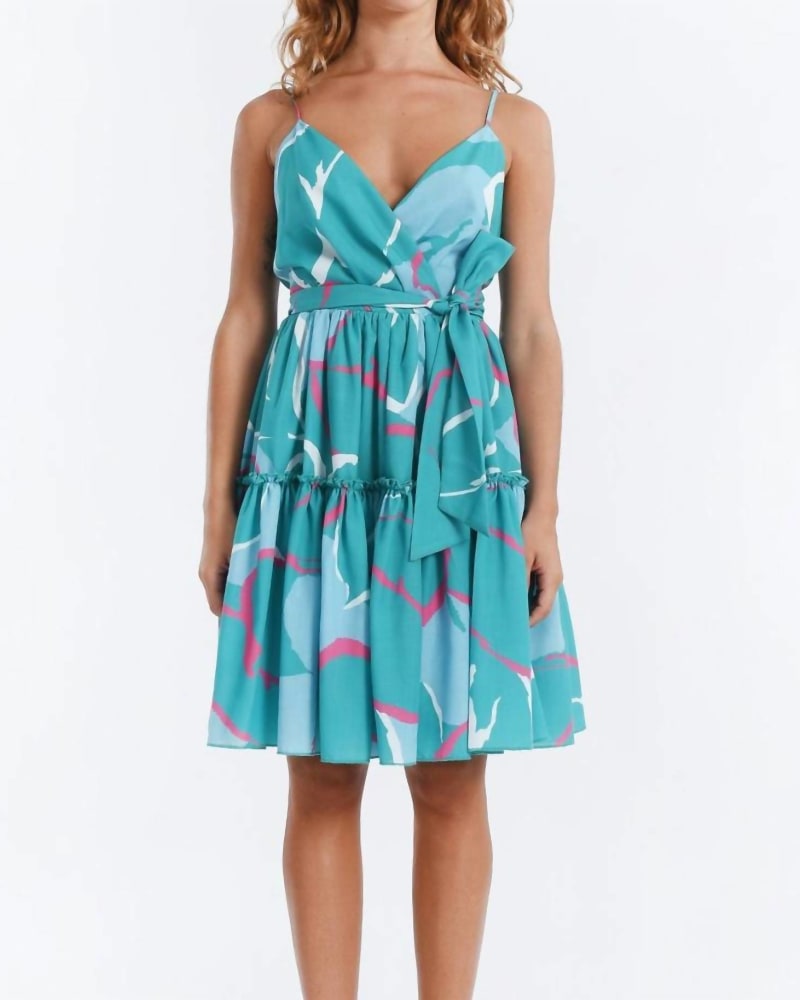 Front of a model wearing a size Large Hannah Mini Dress in Green Hannah in Green Hannah by MOLLY BRACKEN. | dia_product_style_image_id:335122